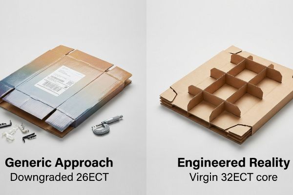 Flat-packed corrugated inserts: a Generic Approach Downgraded 26ECT with plastic clips and micrometer, contrasted with an Engineered Reality Virgin 32ECT core divider.