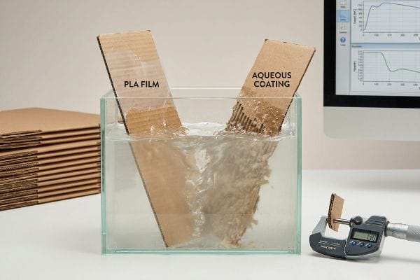 Des échantillons de carton, l'un recouvert d'un film PLA et l'autre d'un revêtement aqueux, sont immergés dans l'eau ; on observe la dissolution du revêtement aqueux. Une mesure au micromètre numérique indique 1,98 mm.