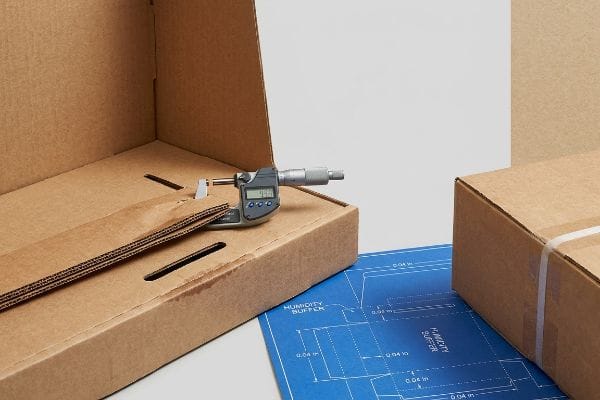 A digital micrometer measures corrugated cardboard thickness inside an open box, next to a blueprint showing a 0.04 in Humidity Buffer.