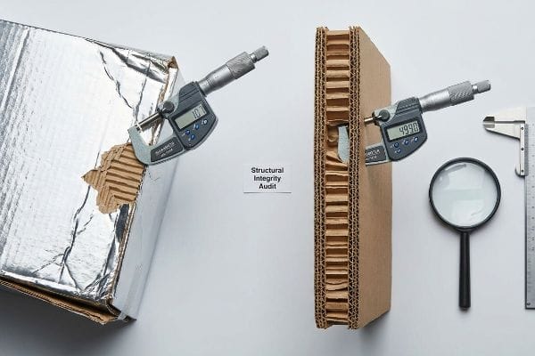Des micromètres numériques mesurent l'épaisseur du carton ondulé, l'un avec une feuille d'argent à 1,07, l'autre à 49,90, pour un audit d'intégrité structurelle.