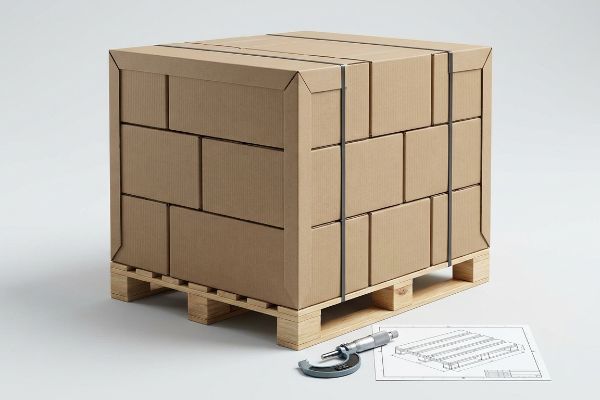 Brown corrugated boxes strapped on a wooden pallet, with a micrometer and technical drawing, illustrating zero-overhang freight.