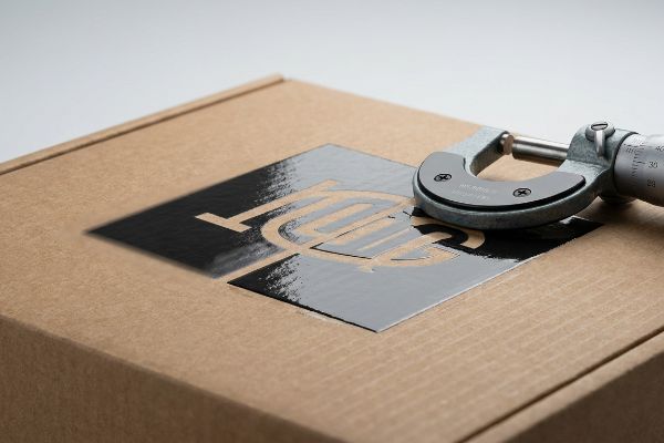 A micrometer measures the precise mechanical trapping of a glossy black print on a brown corrugated cardboard box, crucial for spot UV registration.