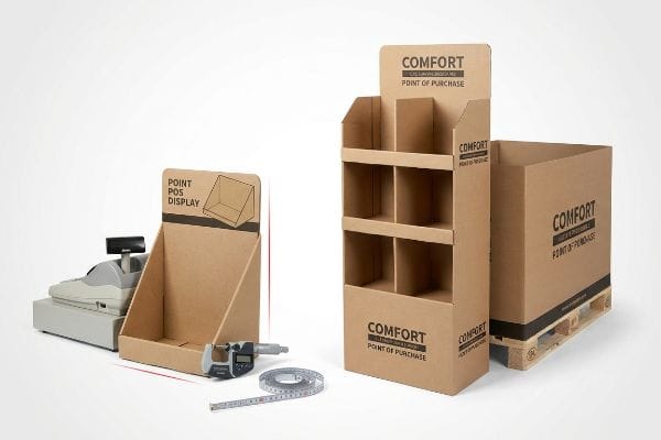 Point-of-Purchase-Display-Thekeneinheit aus Kraftpapier, Mikrometer und Comfort-Point-of-Purchase-Bodenaufsteller mit Palettenbox.