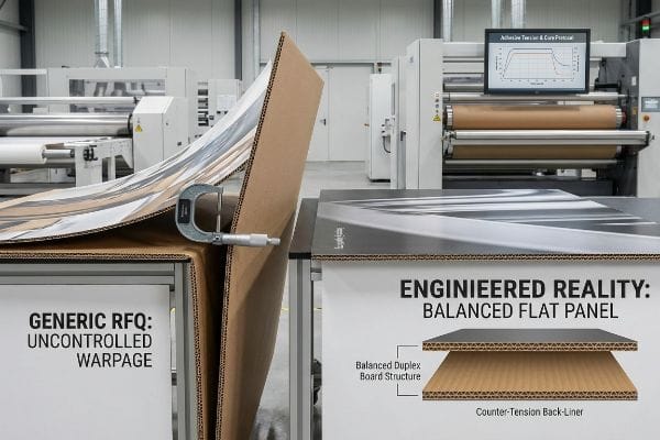 Warpage vs. Flatness Micrometer measures Generic RFQ Uncontrolled Warpage on corrugated board, contrasted with Engineered Reality Balanced Flat Panel.