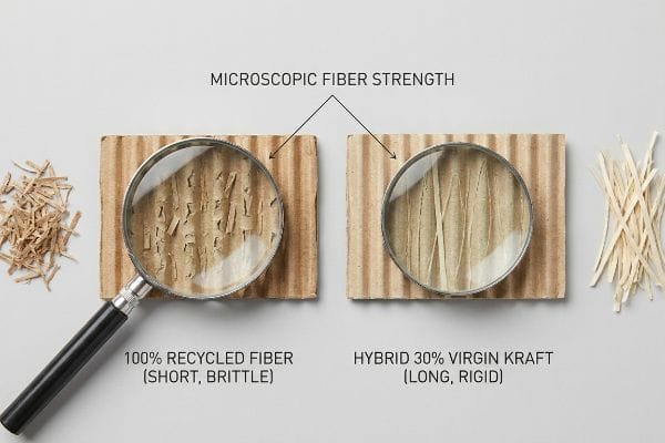 Magnified corrugated fibers: short, brittle 100% Recycled Fiber vs. long, rigid Hybrid 30% Virgin Kraft.
