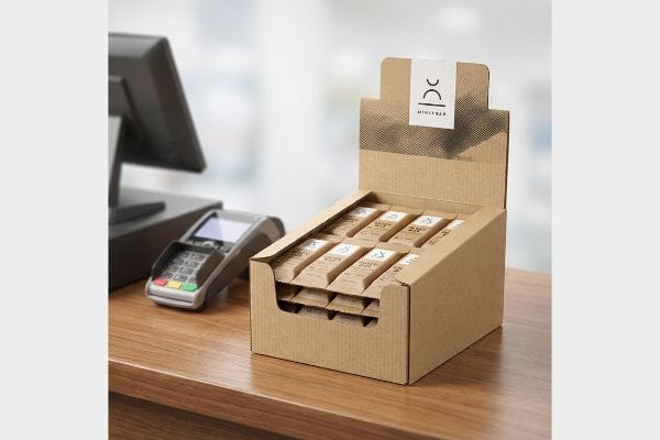 Retail checkout counter with a brown cardboard display box holding individually wrapped Mini Bar products, beside a POS terminal.