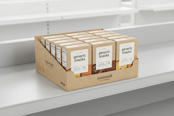 A brown cardboard PDQ display tray filled with Generic Snacks boxes from Minimisit on a white retail shelf.