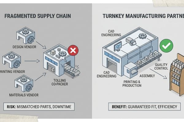 Fragmented Supply Chain shows Tolling Co-Packer with Mismatched Parts and Downtime, contrasted with a Turnkey Manufacturing Partner for Guaranteed Fit, Efficiency.