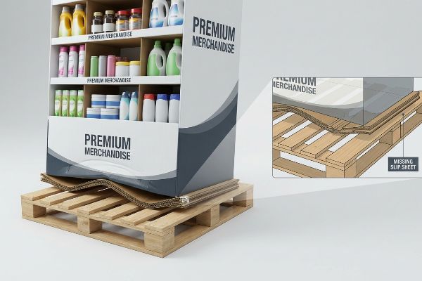 Warped 'Premium Merchandise' display base on a wooden pallet, inset shows missing slip sheet causing structural failure.