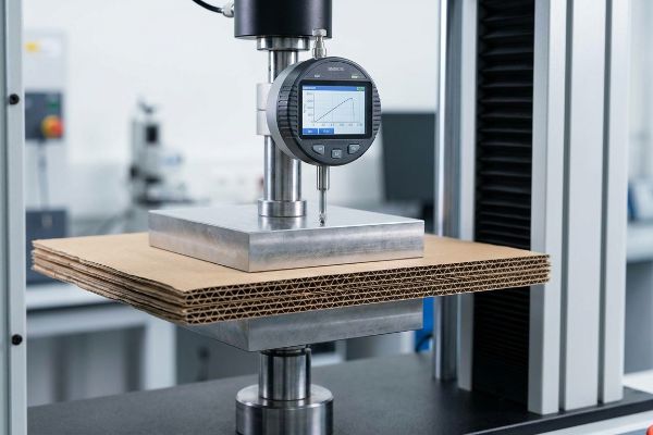 Um medidor digital Mitutoyo mede a compressão de papelão ondulado de parede dupla, exibindo um gráfico de força-deslocamento durante um teste de compressão de borda.