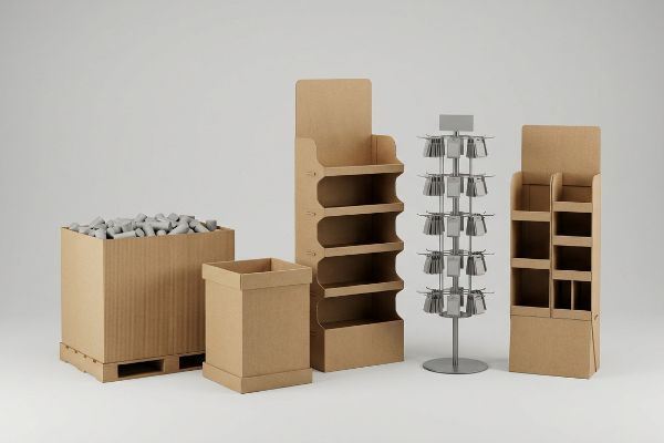 Various corrugated cardboard FSDUs and a metal spinner rack, including a full pallet bin, quarter-pallet shipper, and modular floor stands.