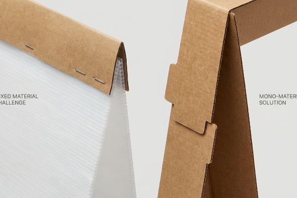 Corrugated cardboard stapled to plastic (Mixed Material Challenge) compared with interlocking mono-material cardboard (Mono-Material Solution).
