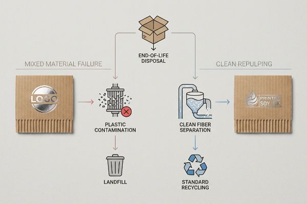 Flowchart showing corrugated packaging end-of-life disposal: 'Mixed Material Failure' from a metallic Logo leads to plastic contamination and landfill, while 'Clean Repulping' with Printer Soy Ink allows clean fiber separation and standard recycling.