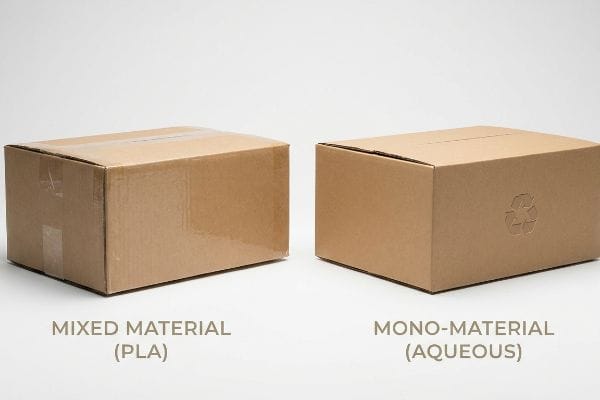 Two corrugated boxes, one labeled Mixed Material (PLA) with tape, the other Mono-Material (Aqueous) with a recycling symbol.