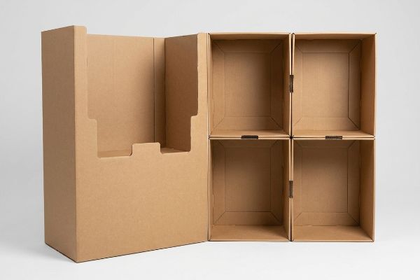 Brown corrugated cardboard display unit, partially assembled, showing four empty modular cubbies for retail merchandising.