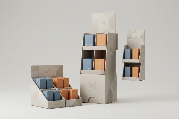 Light beige corrugated cardboard modular sales displays with geometric patterns, featuring a countertop tray and two floor standees holding blue and orange boxes.