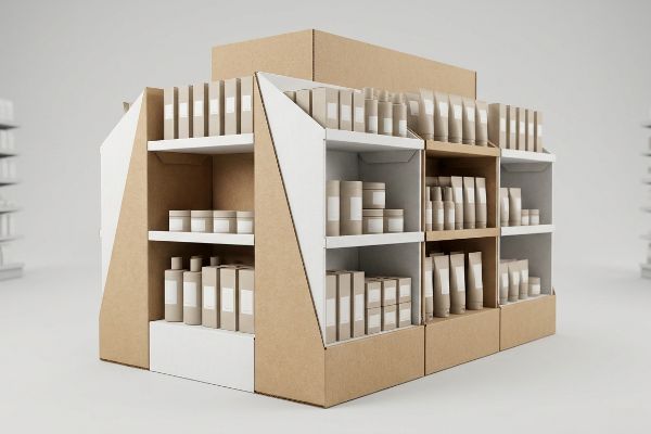 A sturdy modular cardboard display unit with white shelves, filled with unbranded product packaging for retail point-of-purchase.