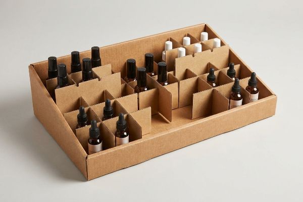 Brown corrugated cardboard retail display tray with modular virgin kraft dividers organizing small amber and white bottles.
