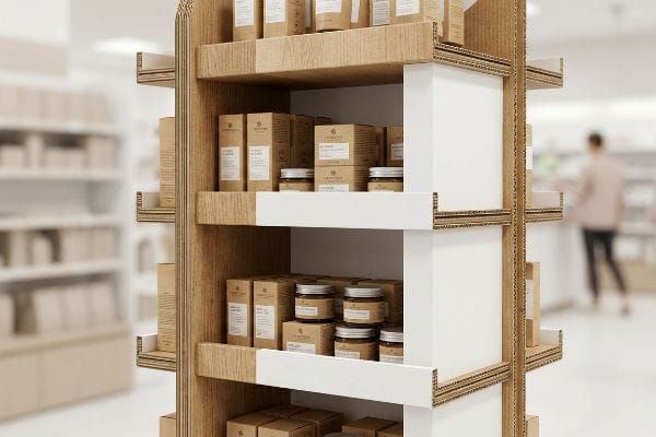 This retail POP display features Cantalia Botanic Blend products in eco-friendly cardboard boxes and glass jars on modular wood-like shelves.