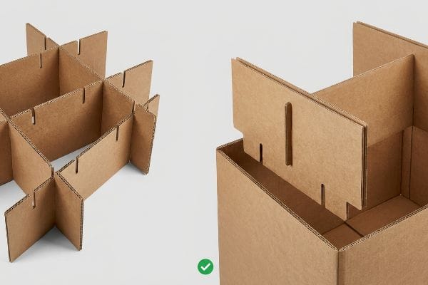 Brown corrugated cardboard modular dividers forming an internal support grid, ready for assembly into a retail display box.