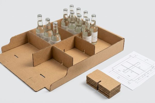 Brown corrugated cardboard tray with modular SKU dividers holding clear glass bottles, alongside flat-packed dividers and a technical dieline.