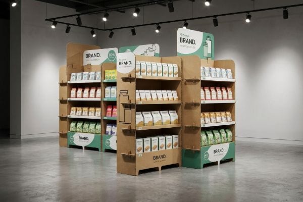 Les présentoirs PLV en carton ondulé mettent en valeur divers produits emballés sur plusieurs étagères, avec des étiquettes « Marque » et « 70 % » dans un environnement de vente au détail moderne.