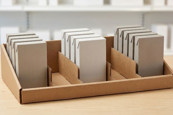 Brown corrugated display tray with modular dividers organizing light grey folding cartons for retail merchandising.
