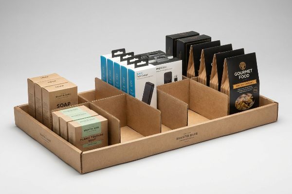 Corrugated cardboard retail display tray with modular dividers, showcasing Brantir Bare soap, HQ Brand tech gadgets, and Gourmet Food.