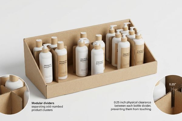 Corrugated cardboard display with modular dividers separating Premium Shampoo bottles into odd-numbered clusters, featuring 0.25-inch clearance.