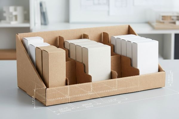 Corrugated cardboard display tray with modular dividers, holding white and kraft boxes, detailed with blueprint specs for 0.25-inch clearance and 1.2-inch height.
