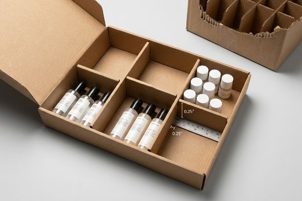 Brown corrugated box with modular dividers, showcasing 0.25-inch clearance between products and a ruler, preventing lip tearing.