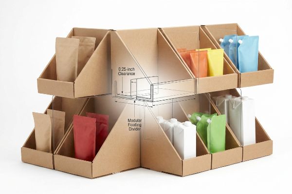 Brown corrugated cardboard display features modular floating dividers with a 0.25-inch clearance diagram, holding colorful retail pouches.