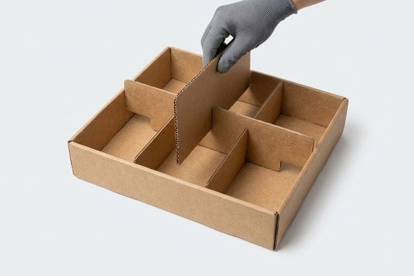 Brown corrugated cardboard box with interlocking modular dividers being assembled by a gloved hand, creating flexible compartments.