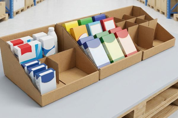 Bandejas de papelão ondulado marrom, prontas para venda, que exibem agrupamentos assimétricos de produtos com divisórias modulares para uma exposição eficiente no ponto de venda.