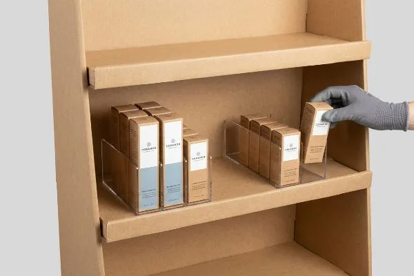 Clear acrylic modular dividers organize Coramiss and Ceramiss Nutrition Oil and Collagen Booster boxes on a brown cardboard multi-shelf display, being restocked.