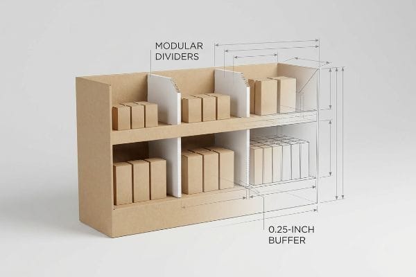 Brown kraft multi-shelf display with white Modular Dividers, showcasing a 0.25-Inch Buffer and product boxes.