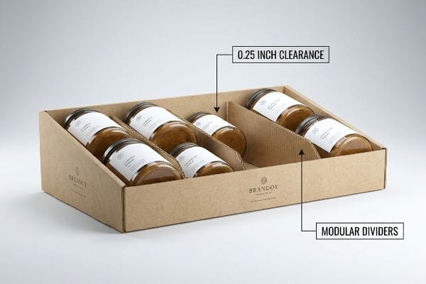 Kraft paper cardboard display tray holding Brandoy glass jars, featuring modular dividers and a 0.25 Inch Clearance for efficient retail restocking.