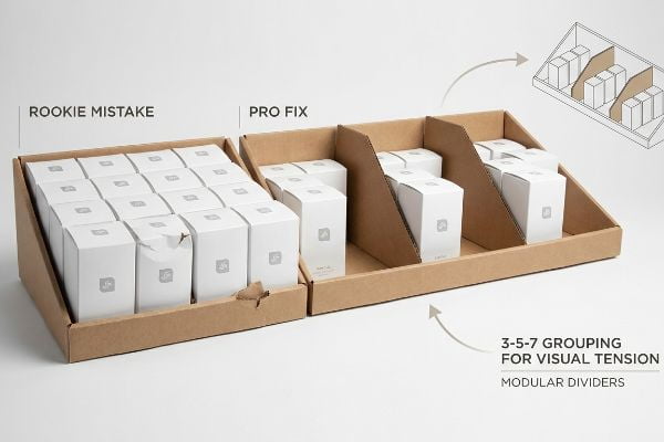 Corrugated display trays: 'Rookie Mistake' dense grid vs. 'Pro Fix' modular dividers, 3-5-7 grouping.