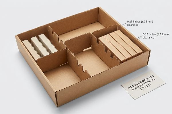 Brown corrugated cardboard retail display box featuring modular dividers and an asymmetrical layout, highlighting 0.25 inches (6.35 mm) clearance.