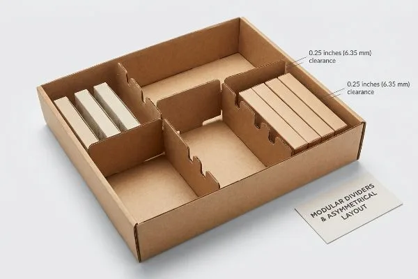 Brown corrugated cardboard retail display box featuring modular dividers and an asymmetrical layout, highlighting 0.25 inches (6.35 mm) clearance.