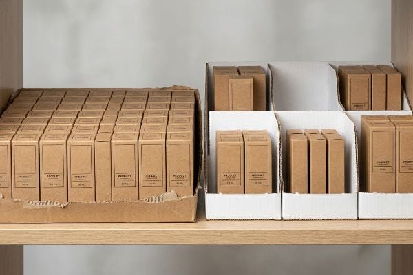 Brown "Product 20 ML" boxes on a shelf, contrasting a crowded, torn cardboard tray with organized white modular display dividers.