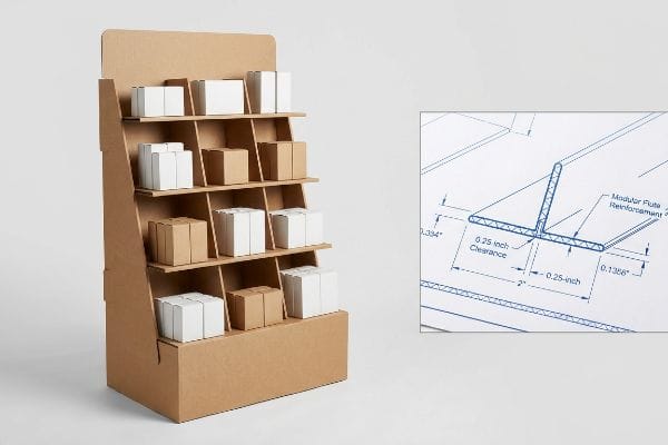 Corrugated cardboard display stand with white and brown boxes, beside a blueprint showing Modular Flute Reinforcement and 0.25-inch clearance.