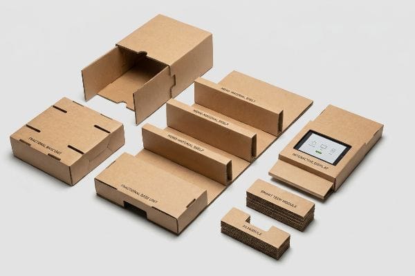 Displaying modular corrugated cardboard POP components: Fractional Base Units, Mono Material Shelves, an Interactive Display, Smart Tech Modules, and 3D Modules.