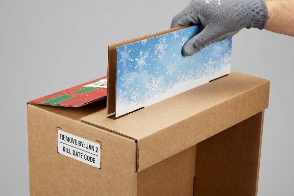 Caixa de papelão ondulado marrom com uma mão enluvada inserindo um cabeçalho gráfico natalino com um floco de neve, apresentando um