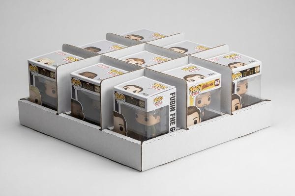 White micro-fluted cardboard display with modular floating dividers precisely nesting nine Funko POP! boxed collectibles, including Fubin The G and Gourmet 229, ensuring geometric isolation.