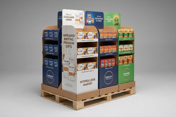 Cardboard quarter pallet display on a wooden pallet, featuring Senso's and Sensoria products in blue, white, orange, and green sections, promoting 'Infrared Baiting Premium Gifts' and 'Interollier Market'.