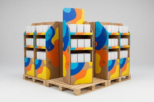 Présentoir à palettes quart de palette en carton ondulé, graphismes abstraits bleu vif, orange et jaune, étagères à plusieurs niveaux, boîtes blanches sur palettes en bois.