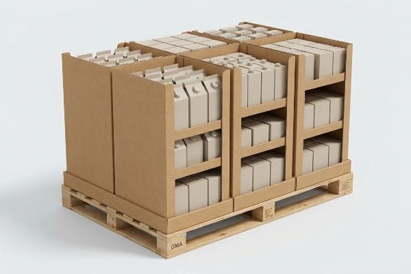 Modular cardboard quarter pallet displays filled with plain cartons on a GMA wooden pallet.