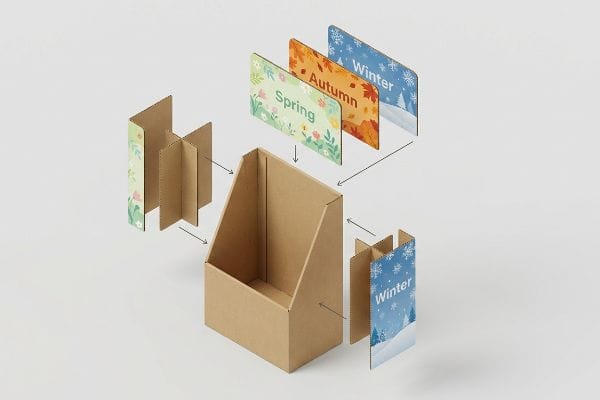 An exploded view of a modular corrugated free standing display, featuring interchangeable graphic headers for Spring, Autumn, Winter, and replaceable seasonal side panels.