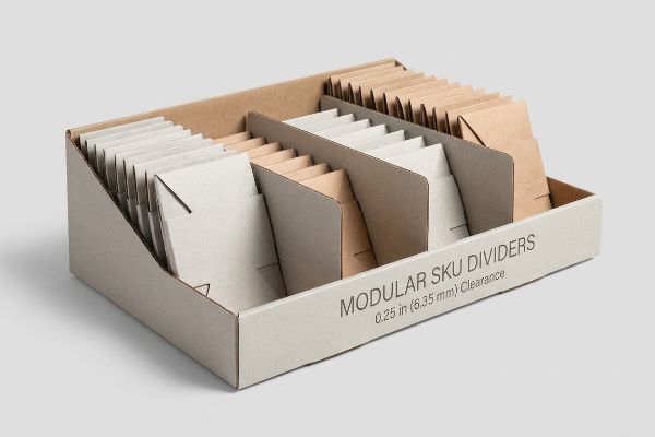 Light beige and kraft brown Modular Sku Dividers in a retail display tray, showing 0.25 In (6.35 Mm) Clearance for product organization.